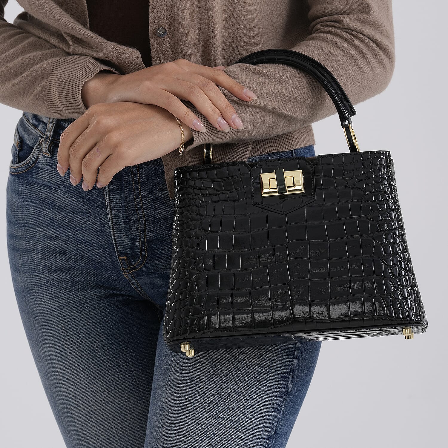 TJC 20TH ANNIVERSARY EXCLUSIVE La Marey Signature Genuine Leather Croc-Embossed Satchel Handbag - Black