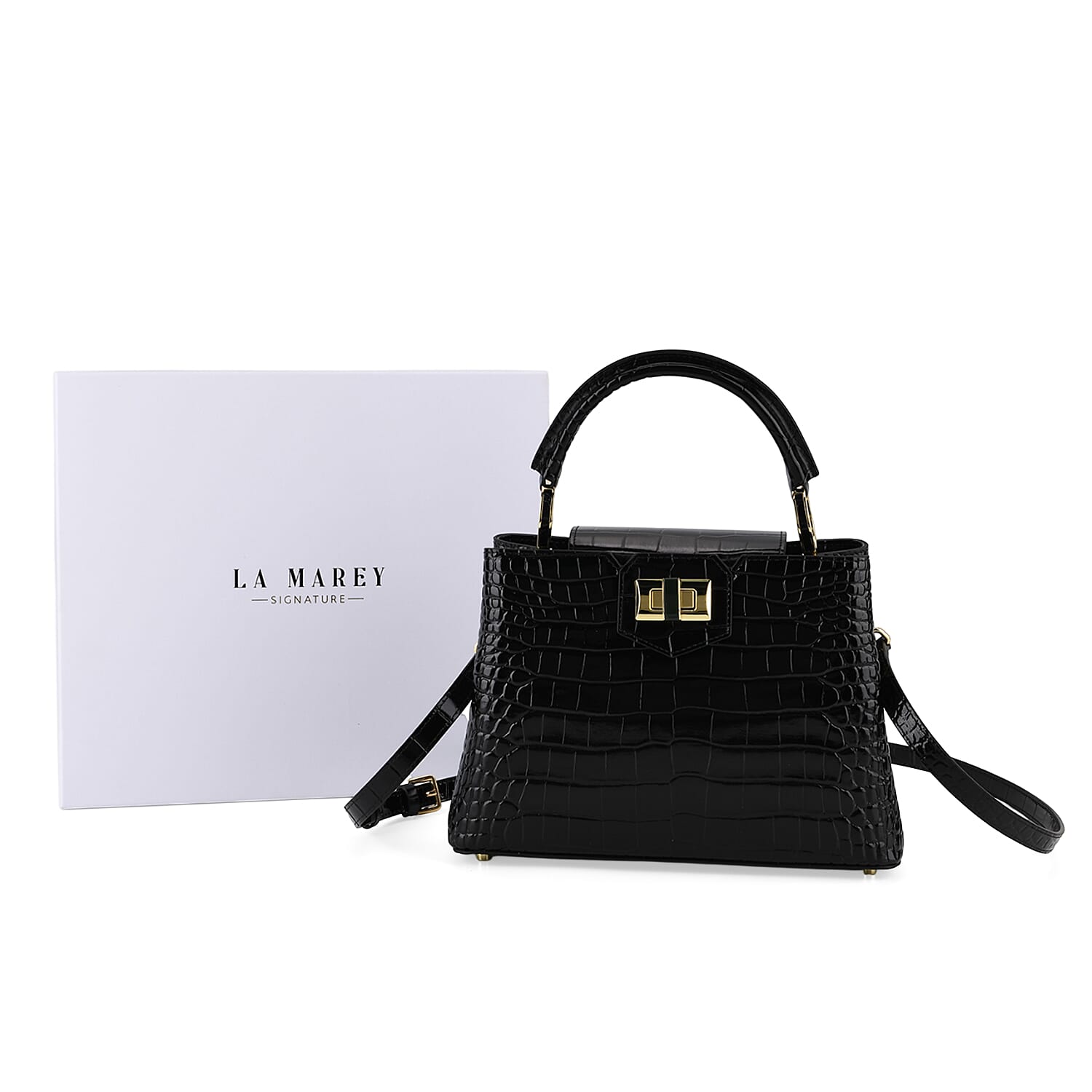 TJC 20TH ANNIVERSARY EXCLUSIVE La Marey Signature Genuine Leather Croc-Embossed Satchel Handbag - Black