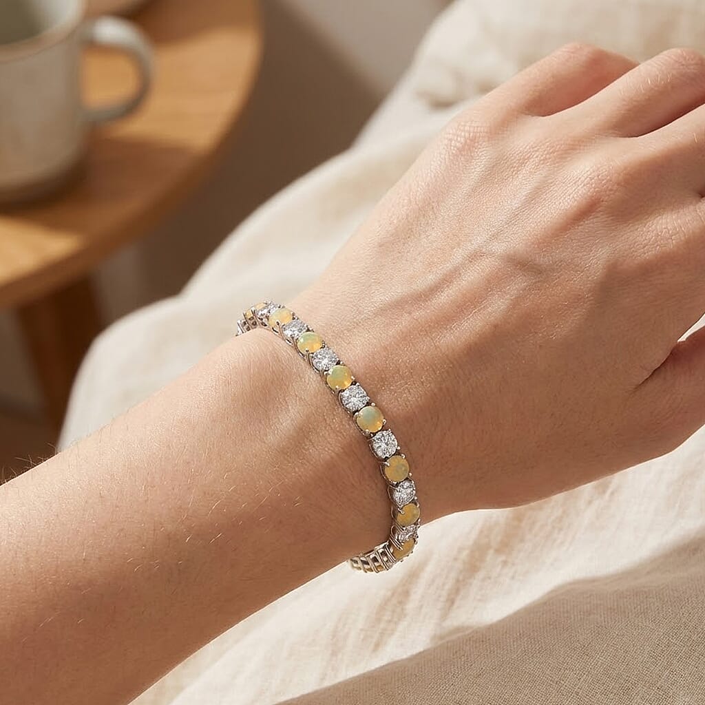 D'Joy Ethiopian Opal Tennis Bracelet (Size - 7) in Rhodium Overlay Sterling Silver 12.26 Ct, Silver Wt. 9.00 Gms