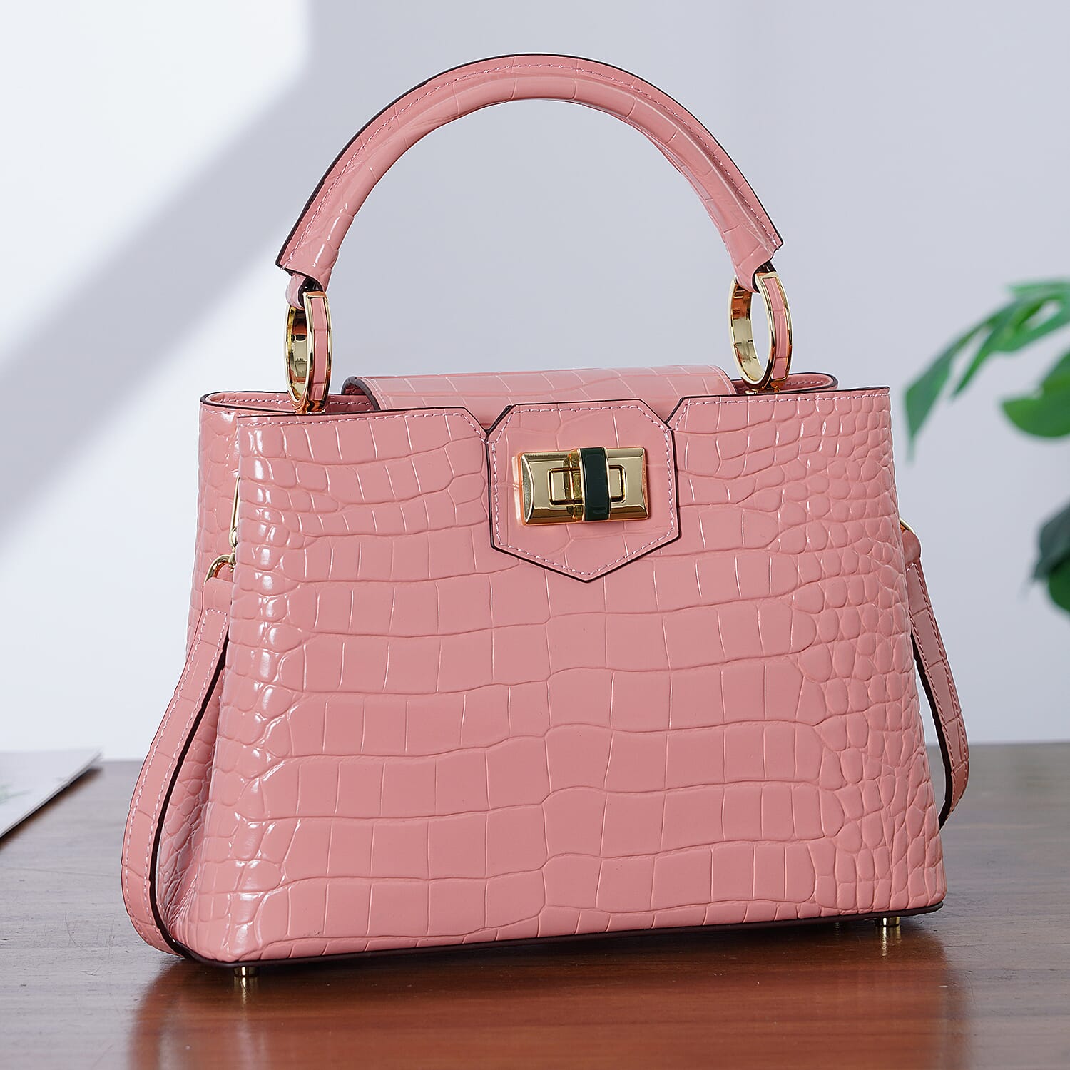 TJC 20TH ANNIVERSARY EXCLUSIVE La Marey Signature Genuine Leather Croc-Embossed Satchel Handbag - Peach