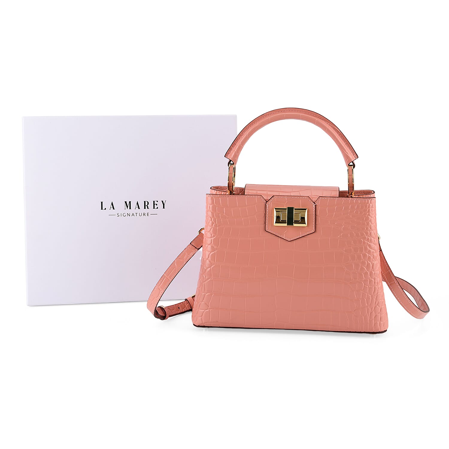 TJC 20TH ANNIVERSARY EXCLUSIVE La Marey Signature Genuine Leather Croc-Embossed Satchel Handbag - Peach