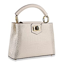 TJC 20TH ANNIVERSARY EXCLUSIVE La Marey Signature Genuine Leather Croc-Embossed Satchel Handbag - Off White
