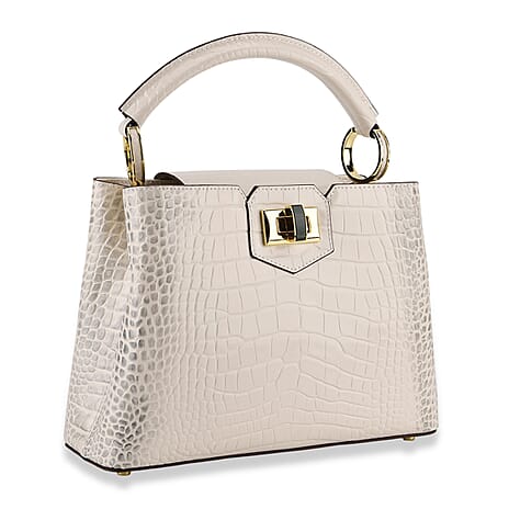 TJC 20TH ANNIVERSARY EXCLUSIVE La Marey Signature Genuine Leather Croc-Embossed Satchel Handbag - Off White