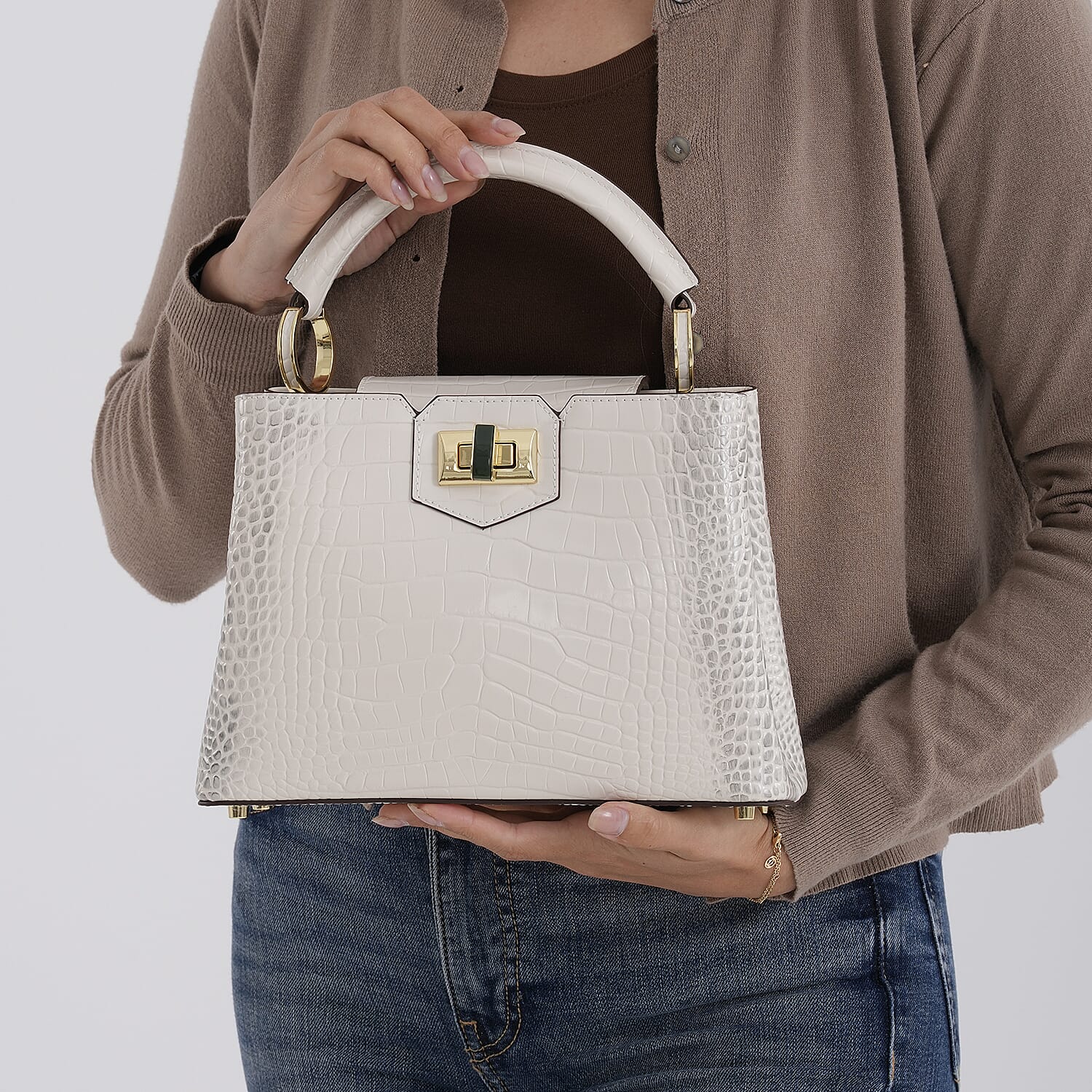 TJC 20TH ANNIVERSARY EXCLUSIVE La Marey Signature Genuine Leather Croc-Embossed Satchel Handbag - Off White