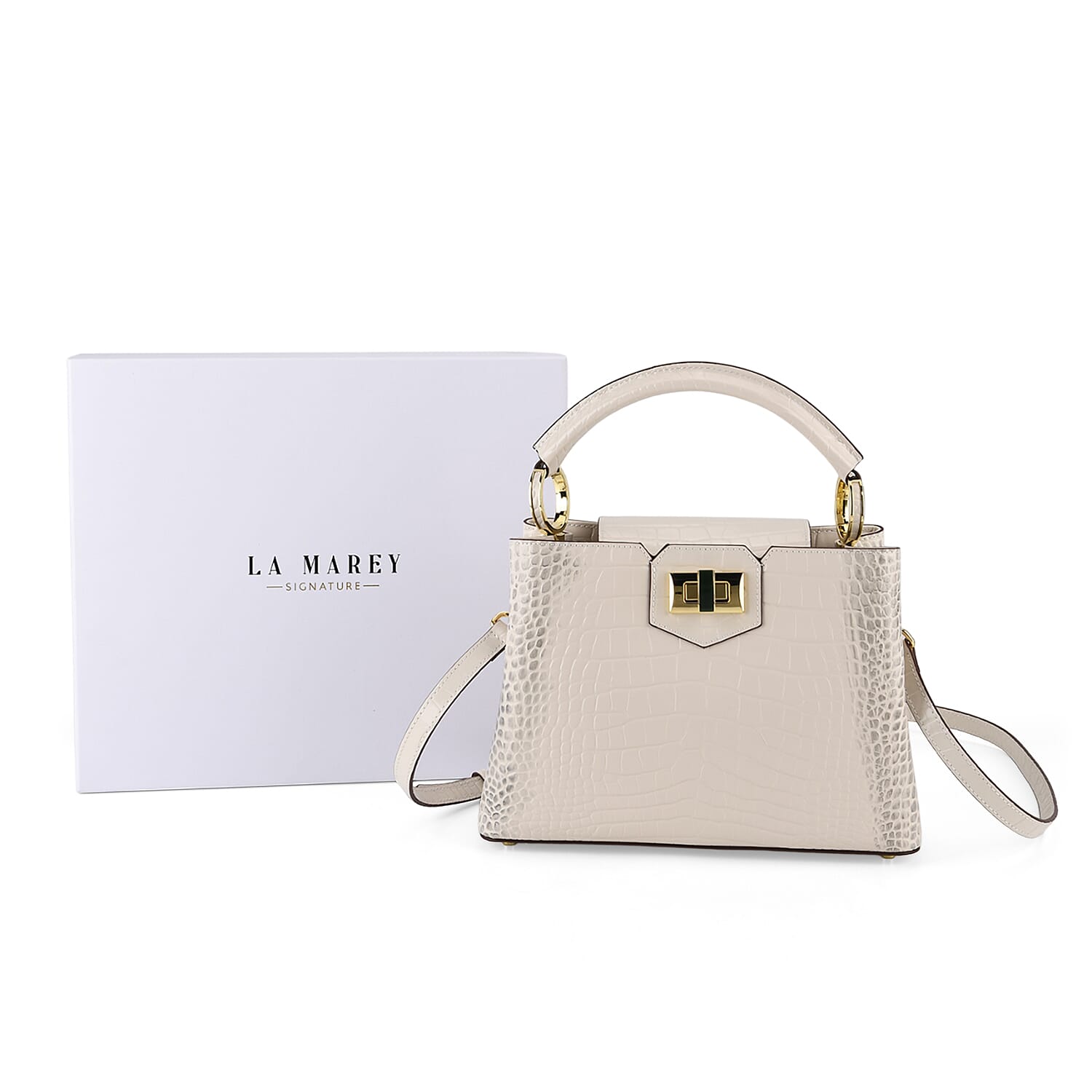 TJC 20TH ANNIVERSARY EXCLUSIVE La Marey Signature Genuine Leather Croc-Embossed Satchel Handbag - Off White