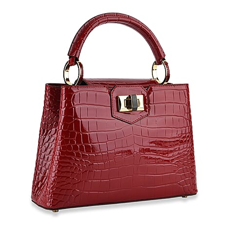 TJC 20TH ANNIVERSARY EXCLUSIVE La Marey Signature Genuine Leather Croc-Embossed Satchel Handbag - Red