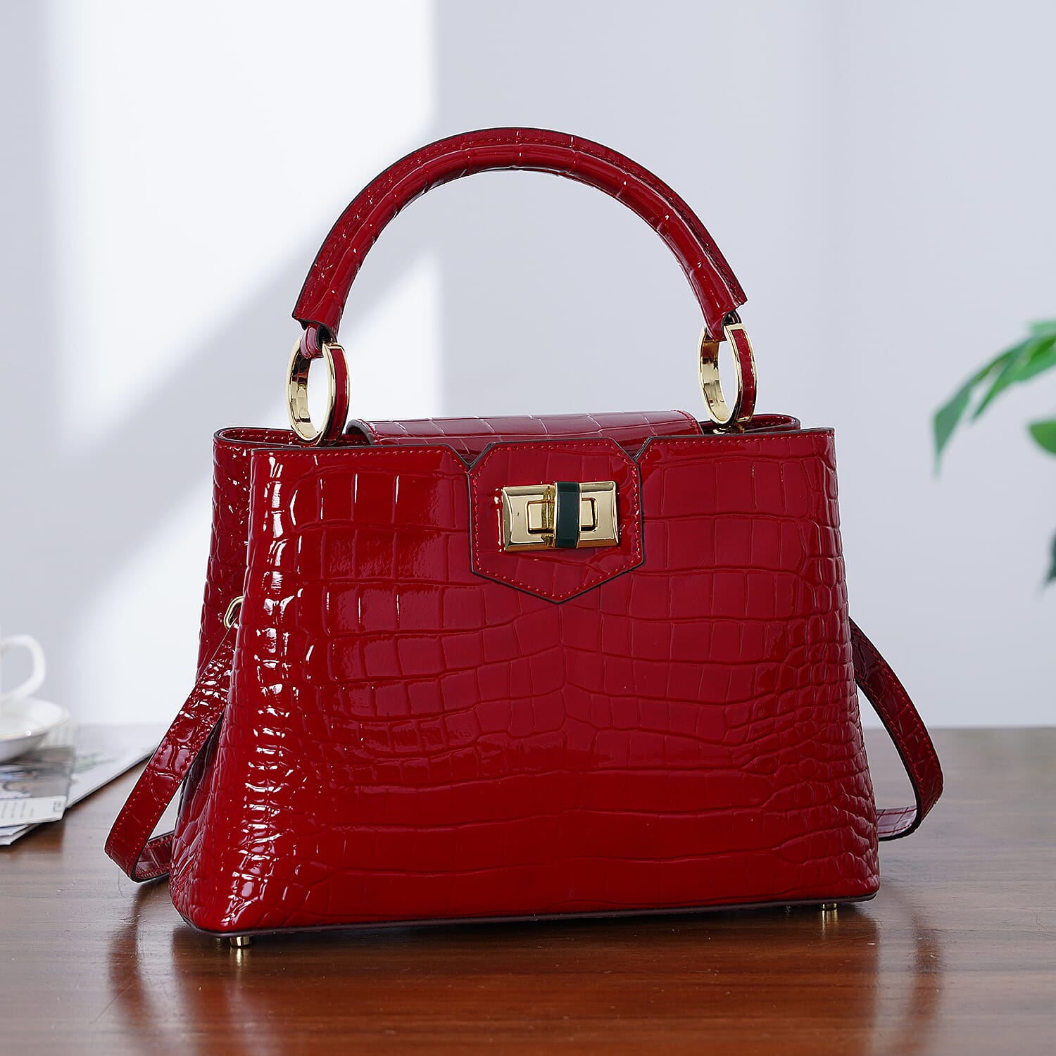 TJC 20TH ANNIVERSARY EXCLUSIVE La Marey Signature Genuine Leather Croc-Embossed Satchel Handbag - Red
