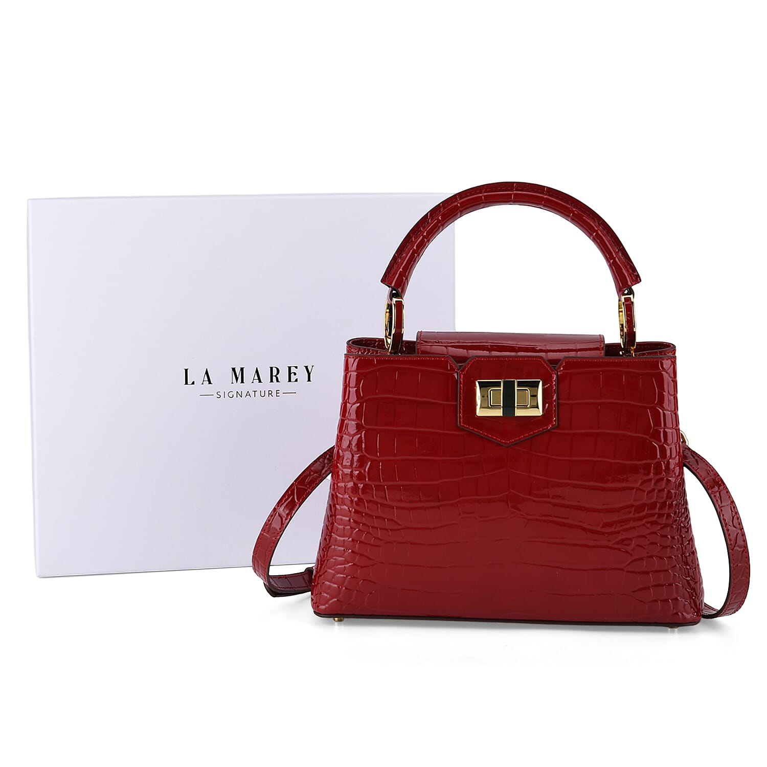TJC 20TH ANNIVERSARY EXCLUSIVE La Marey Signature Genuine Leather Croc-Embossed Satchel Handbag - Red