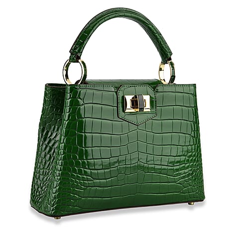 TJC 20TH ANNIVERSARY EXCLUSIVE La Marey Signature Genuine Leather Croc-Embossed Satchel Handbag - Green