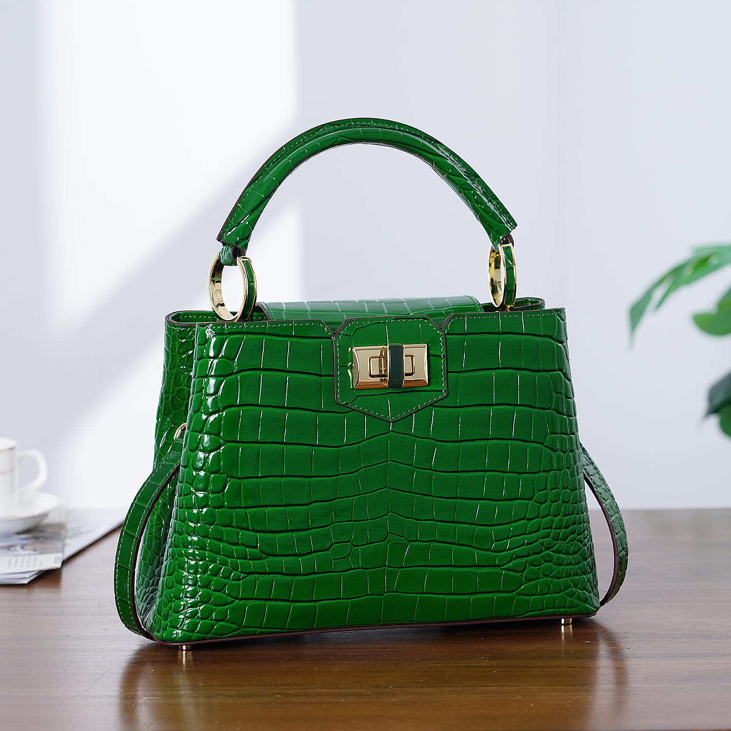 TJC 20TH ANNIVERSARY EXCLUSIVE La Marey Signature Genuine Leather Croc-Embossed Satchel Handbag - Green