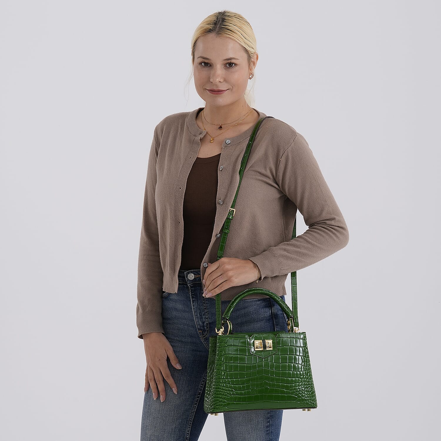 TJC 20TH ANNIVERSARY EXCLUSIVE La Marey Signature Genuine Leather Croc-Embossed Satchel Handbag - Green