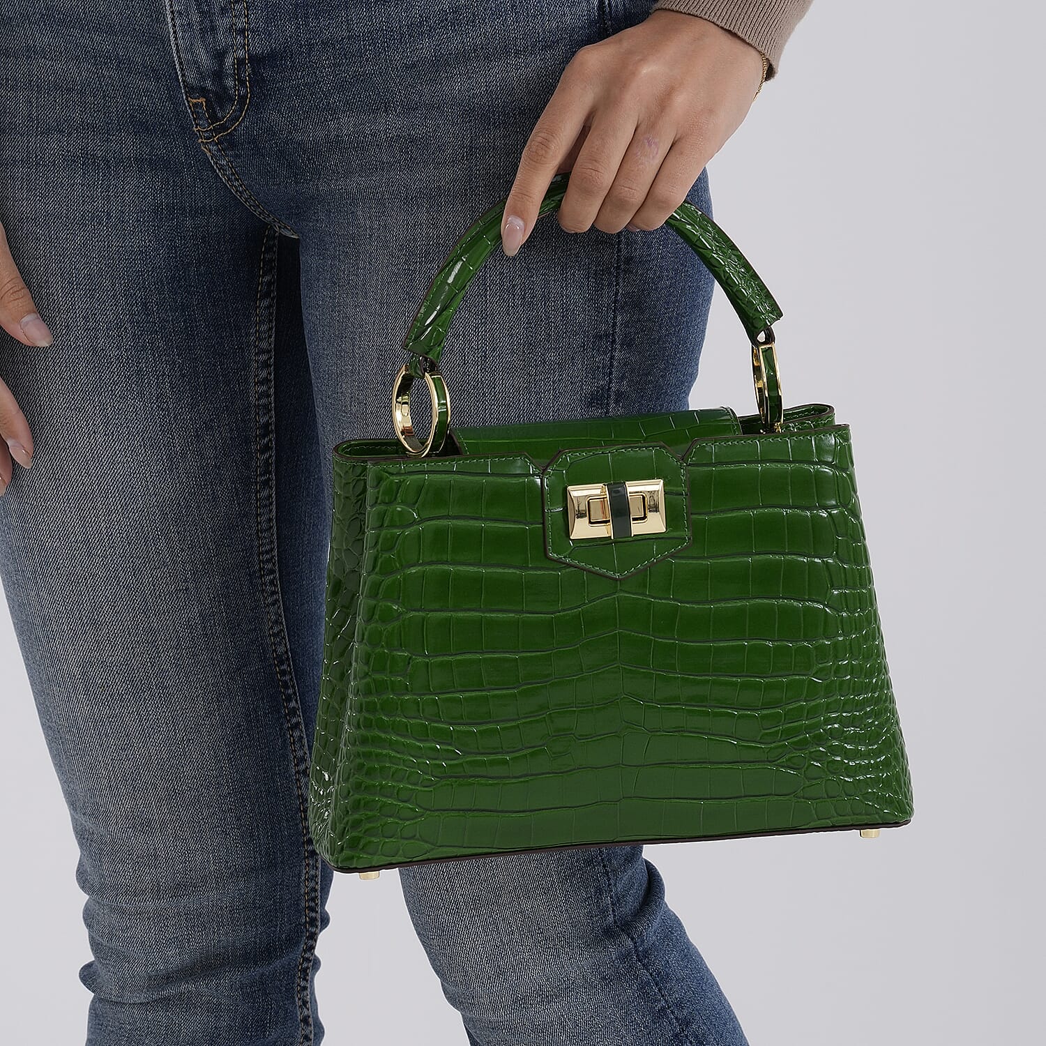 TJC 20TH ANNIVERSARY EXCLUSIVE La Marey Signature Genuine Leather Croc-Embossed Satchel Handbag - Green
