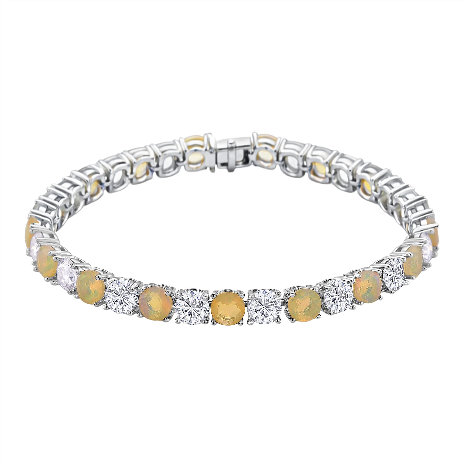 D'Joy Ethiopian Opal Line Bracelet (Size - 7.5) in Rhodium Overlay Sterling Silver 13.36 Ct, Silver Wt. 9.88 Gms