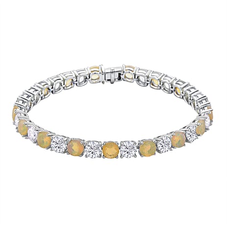 D'Joy Ethiopian Opal & White Moissanite Tennis Bracelet (Size - 8) in Rhodium Overlay Sterling Silver 14.48 Ct, Silver Wt. 10.86 Gms
