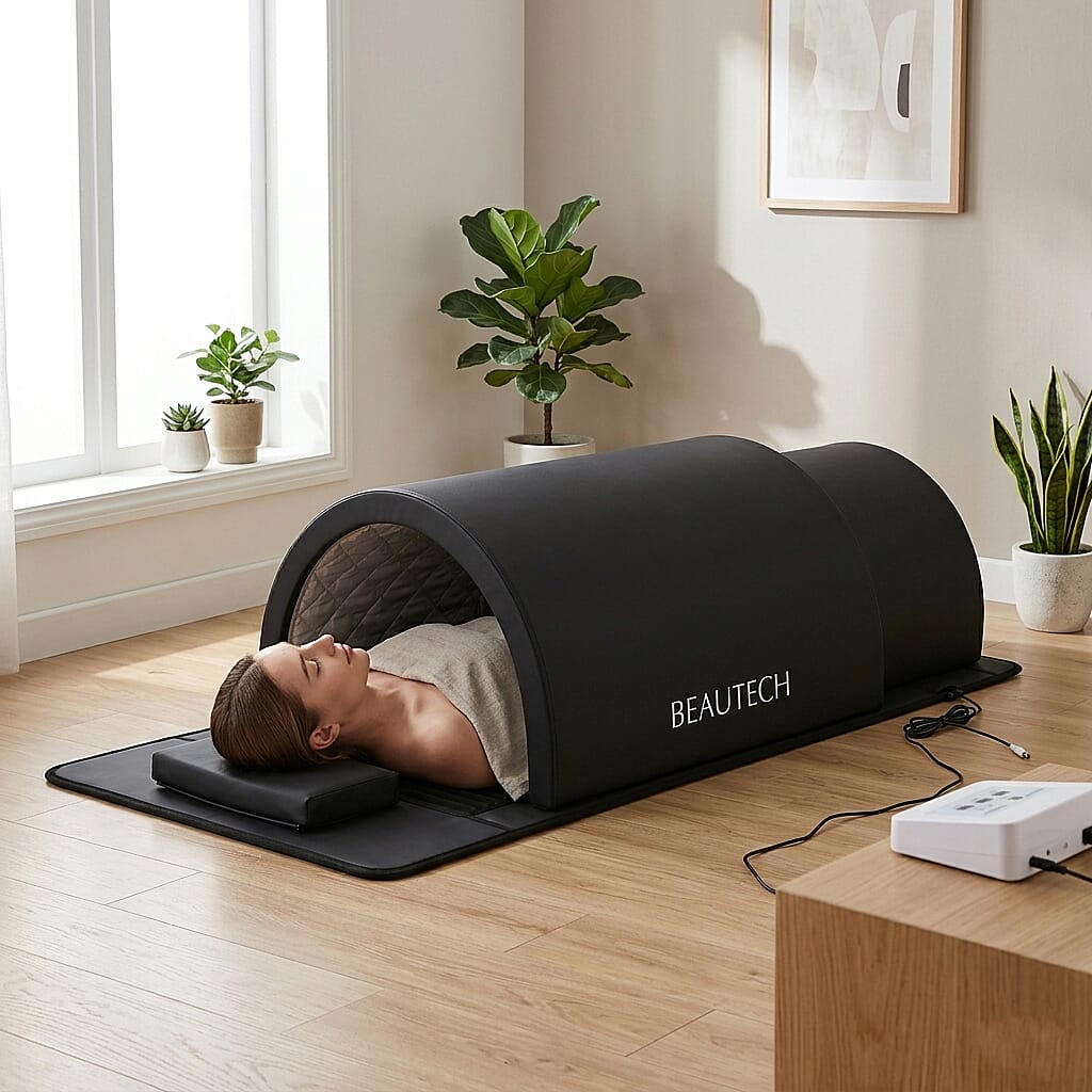 Beautech Black Sauna Dome - 3 Zone Far Infrared PEMF Thermal Capsule 1808045cm, Red Light Therapy Carbon Fibre Heating Mat 1200W Detox Pod
