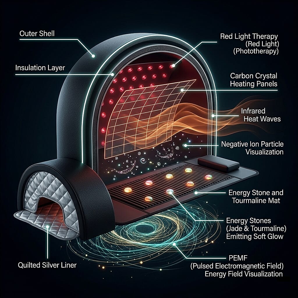 Beautech Black Sauna Dome - 3 Zone Far Infrared PEMF Thermal Capsule 1808045cm, Red Light Therapy Carbon Fibre Heating Mat 1200W Detox Pod