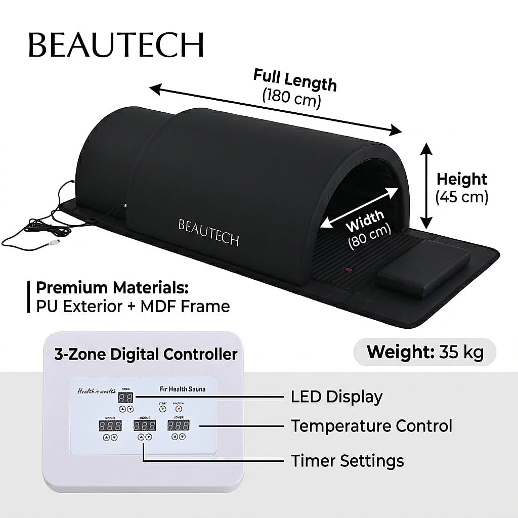 Beautech Black Sauna Dome - 3 Zone Far Infrared PEMF Thermal Capsule 1808045cm, Red Light Therapy Carbon Fibre Heating Mat 1200W Detox Pod