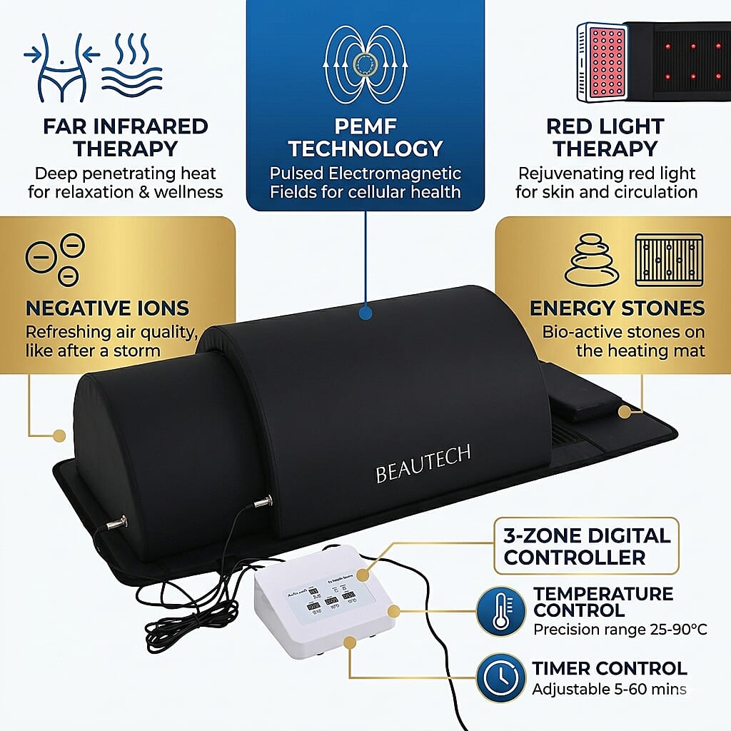 Beautech Black Sauna Dome - 3 Zone Far Infrared PEMF Thermal Capsule 1808045cm, Red Light Therapy Carbon Fibre Heating Mat 1200W Detox Pod
