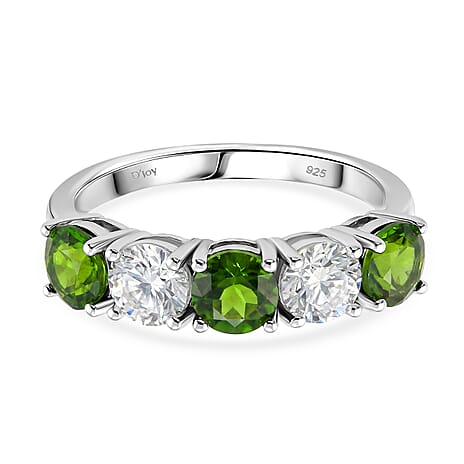 D'Joy Natural Chrome Diopside & Moissanite 5 Stone Ring in Rhodium Overlay Sterling Silver 2.45 Ct.
