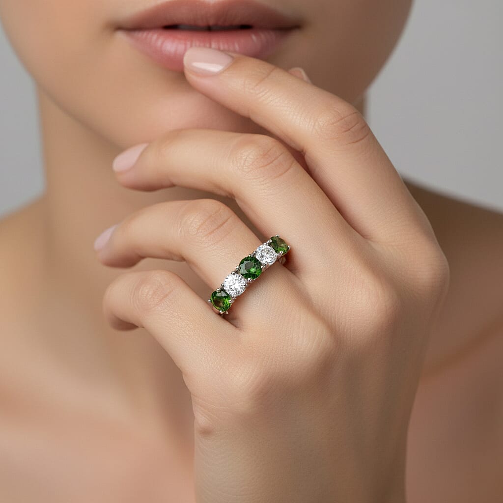 D'Joy Natural Chrome Diopside & Moissanite 5 Stone Ring in Rhodium Overlay Sterling Silver 2.45 Ct.