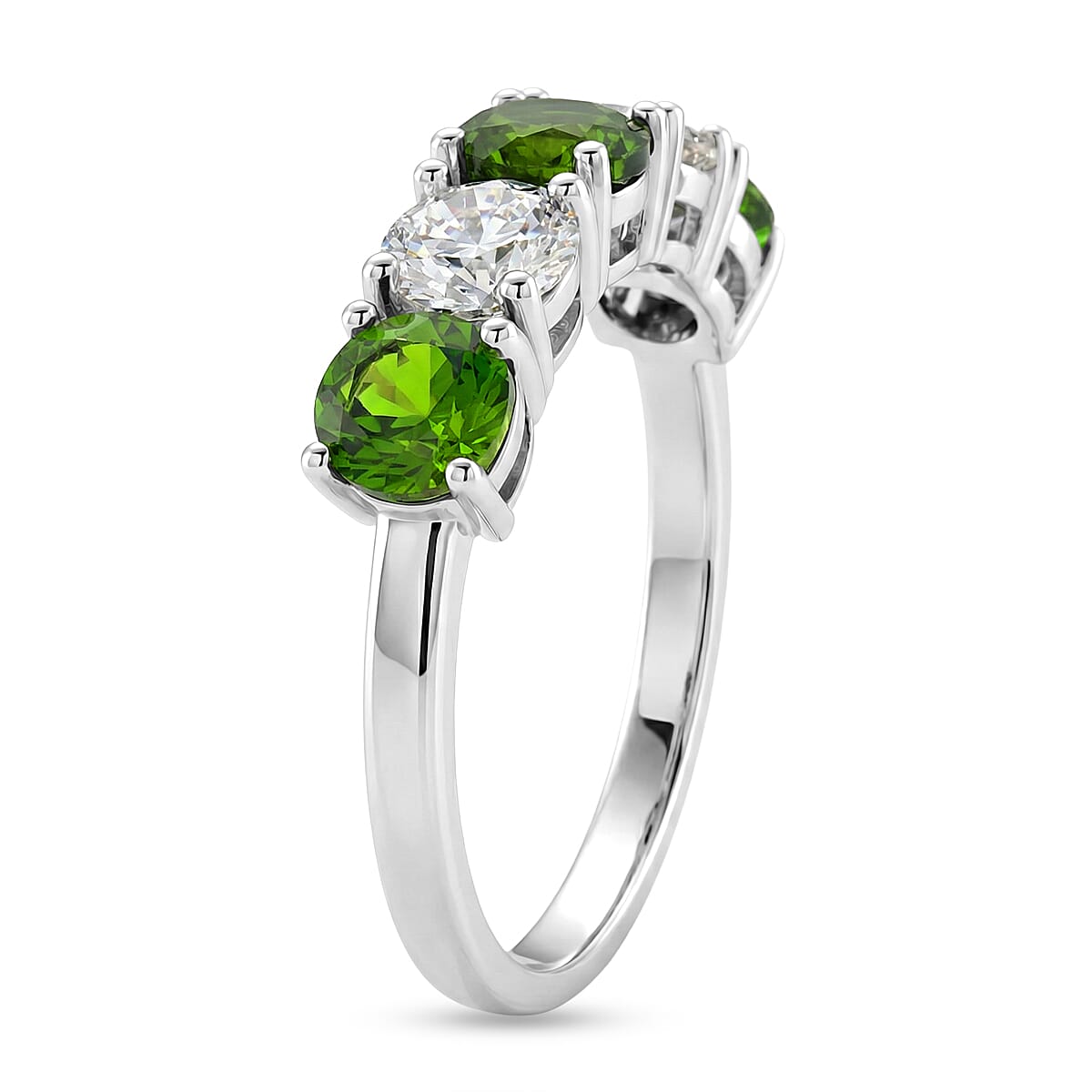 D'Joy Natural Chrome Diopside & Moissanite 5 Stone Ring in Rhodium Overlay Sterling Silver 2.45 Ct.