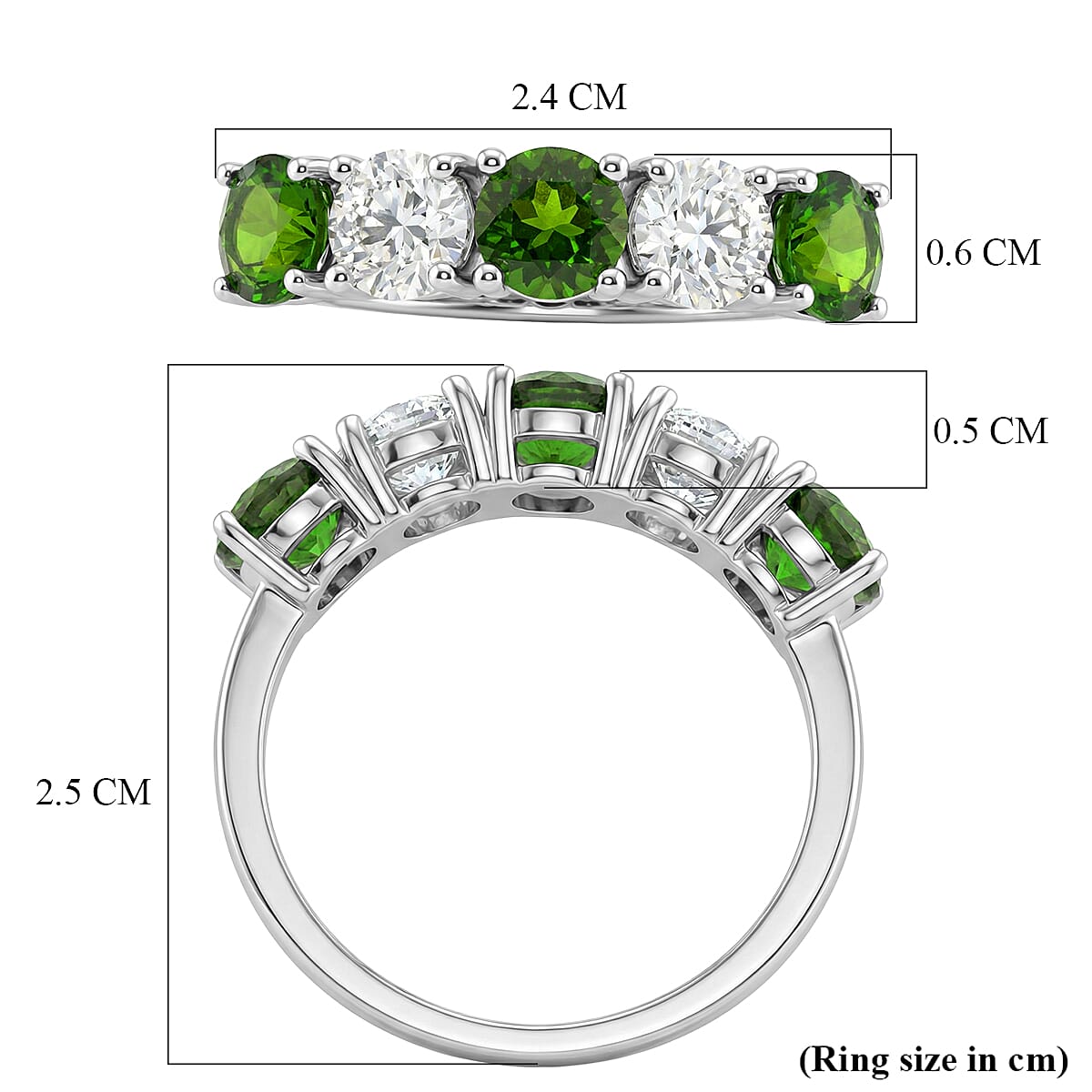 D'Joy Natural Chrome Diopside & Moissanite 5 Stone Ring in Rhodium Overlay Sterling Silver 2.45 Ct.