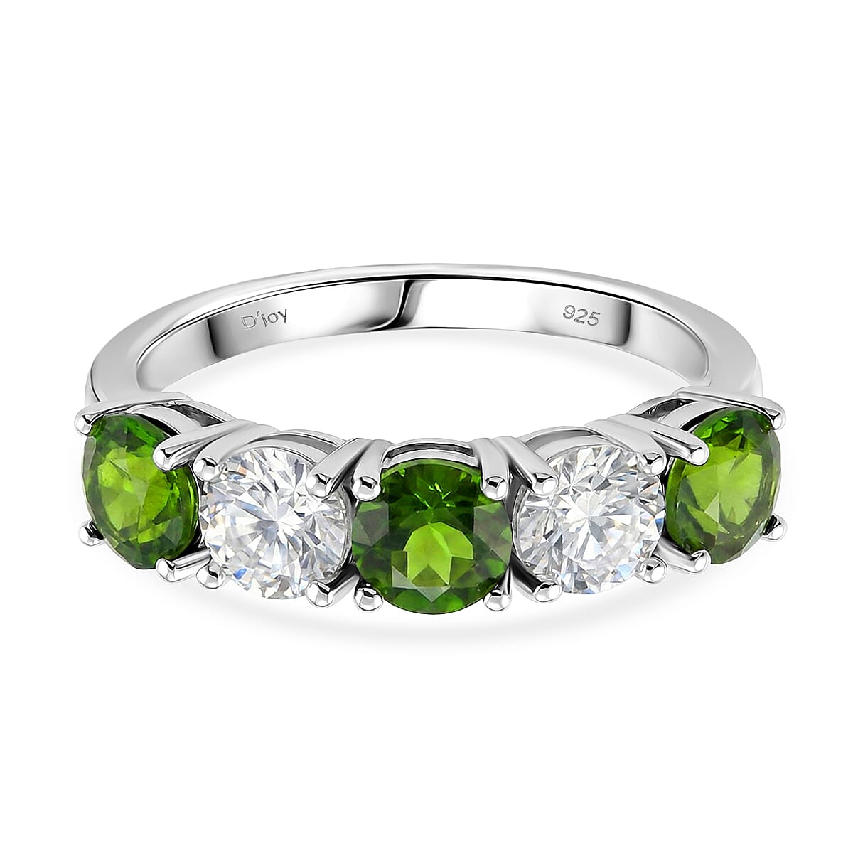 D'Joy Natural Chrome Diopside, Moissanite 5 Stone Ring in Rhodium Overlay Sterling Silver 2.45 Ct.