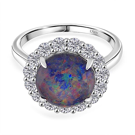 D'Joy Australian Boulder Opal  & Moissanite Halo Ring in Rhodium Overlay Sterling Silver 3.40 Ct.