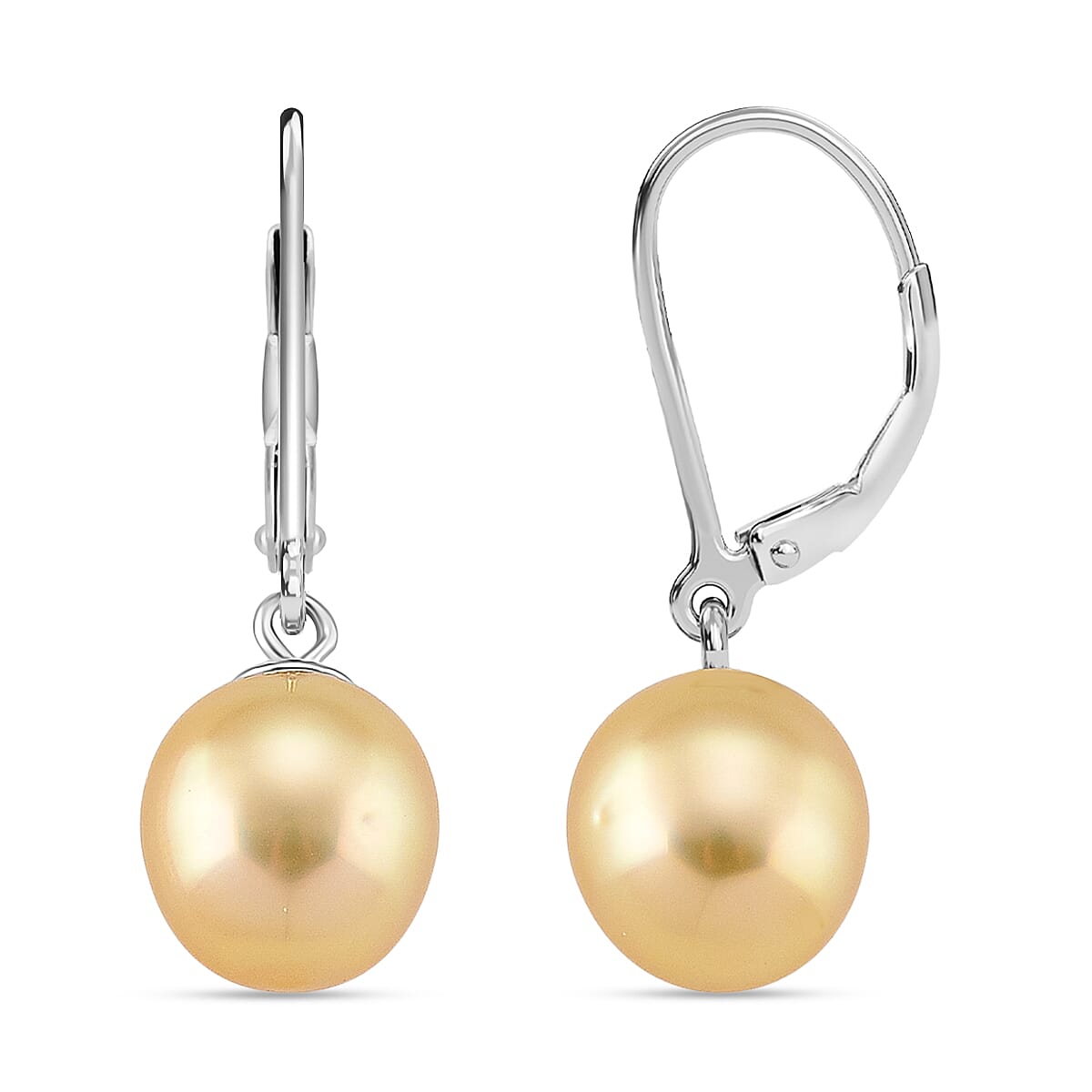 D'Joy Golden South Sea Pearl Earrings with Lever Backs in Rhodium Overlay Sterling Silver 3.80 Ct.