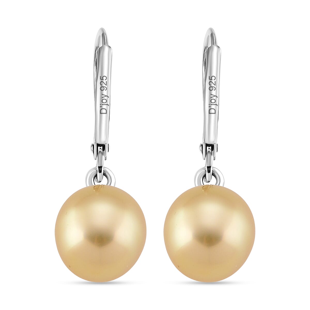 D'Joy Golden South Sea Pearl Earrings with Lever Backs in Rhodium Overlay Sterling Silver 3.80 Ct.