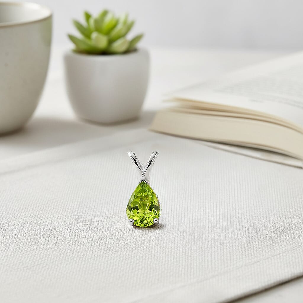 D'Joy Peridot Pear Cut Solitaire Pendant in Rhodium Overlay Sterling Silver 1.80 Ct.