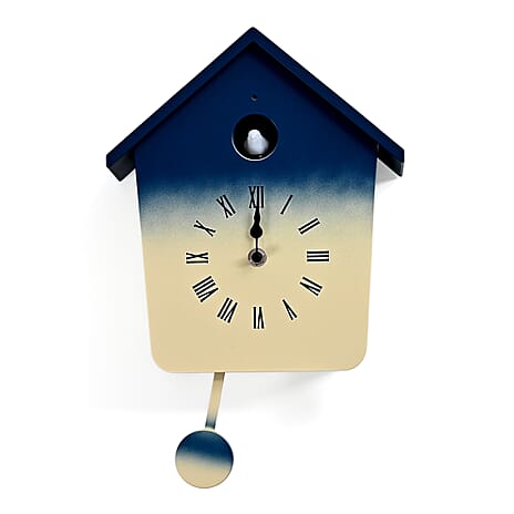 Modern Cuckoo Wall Clock with Pendulum Powered by 3 x AA Batteries (Not Incl.) - Singing Bird with Automatic Night-Time Silent Mode - Blue