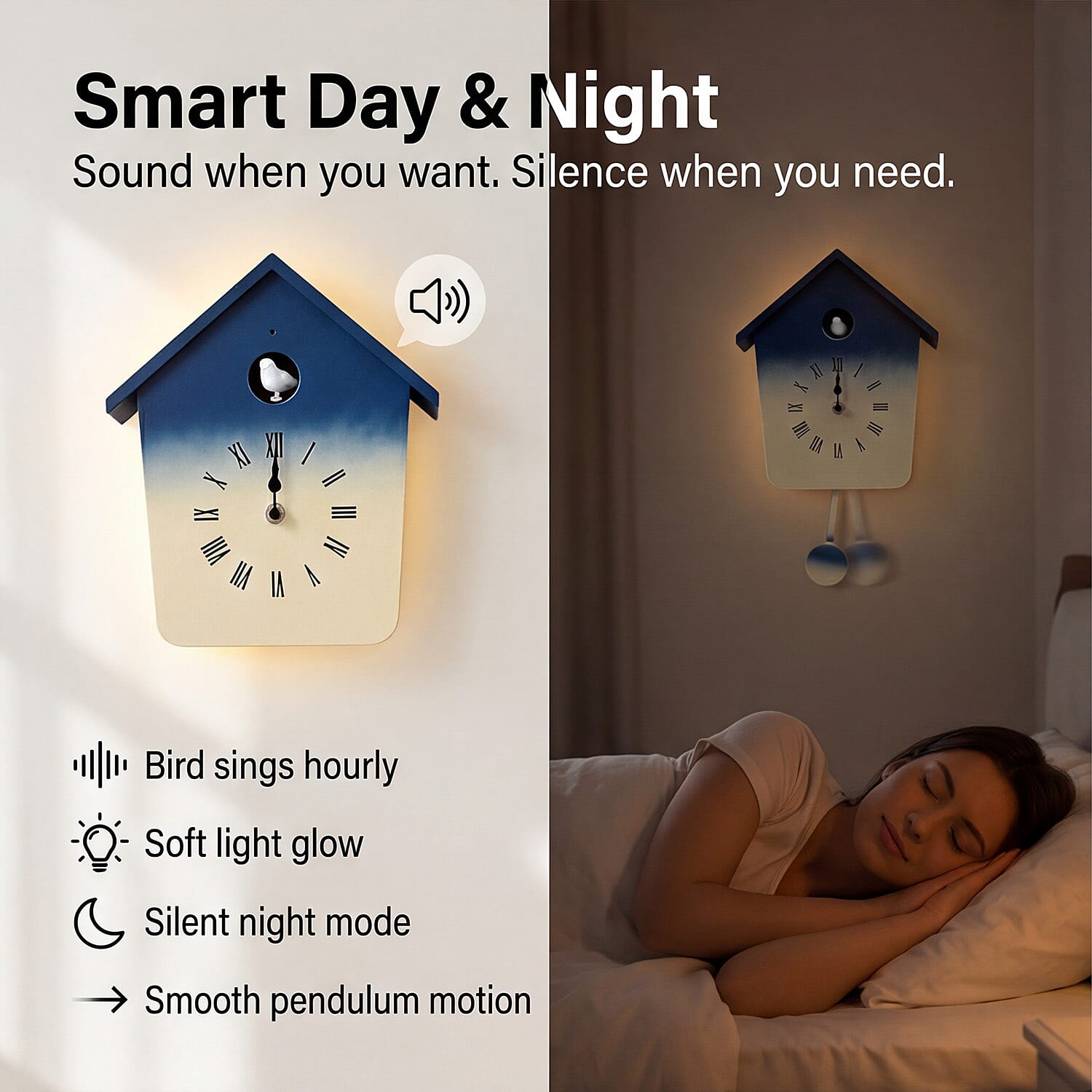 Modern Cuckoo Wall Clock with Pendulum Powered by 3 x AA Batteries (Not Incl.) - Singing Bird with Automatic Night-Time Silent Mode - Blue