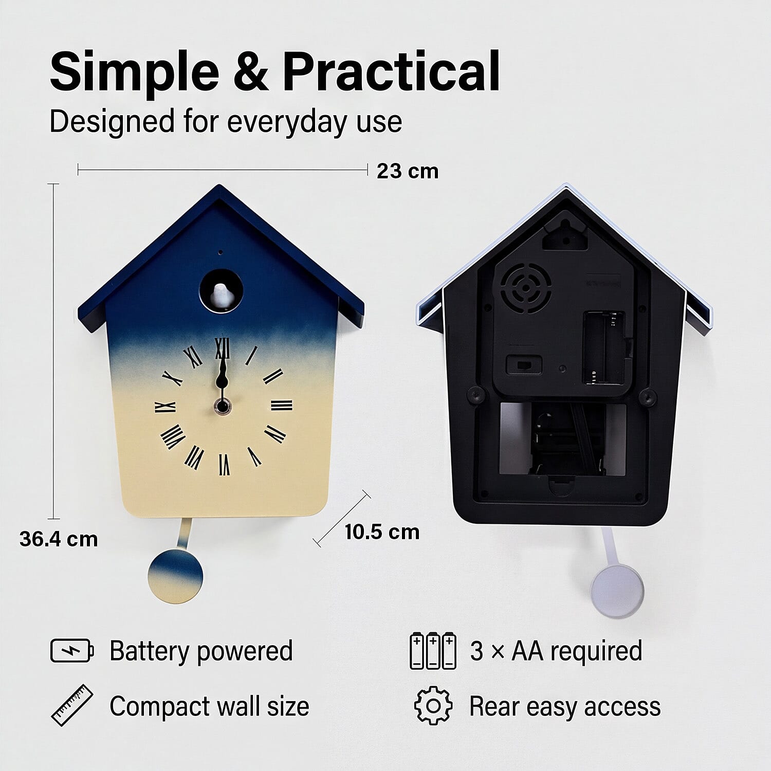 Modern Cuckoo Wall Clock with Pendulum Powered by 3 x AA Batteries (Not Incl.) - Singing Bird with Automatic Night-Time Silent Mode - Blue