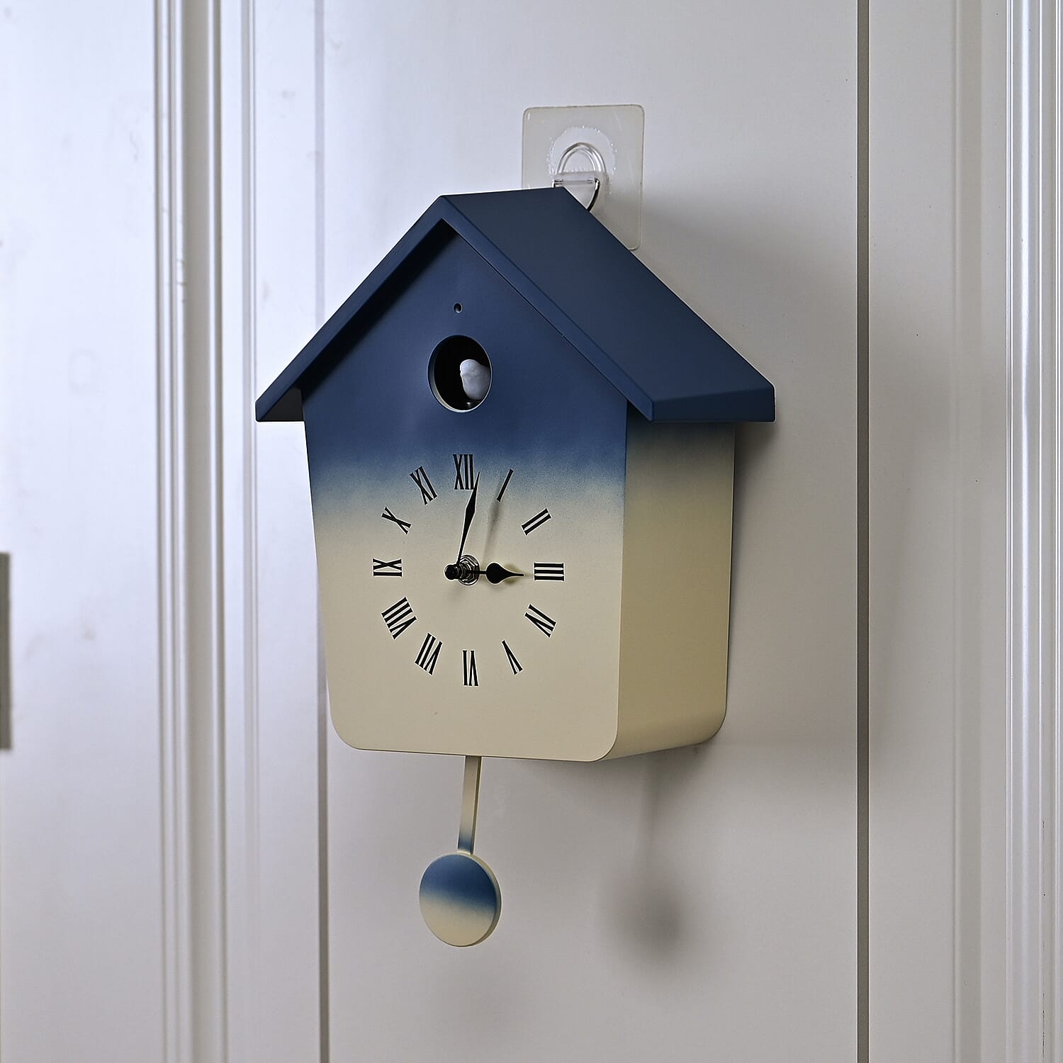 Modern Cuckoo Wall Clock with Pendulum Powered by 3 x AA Batteries (Not Incl.) - Singing Bird with Automatic Night-Time Silent Mode - Blue