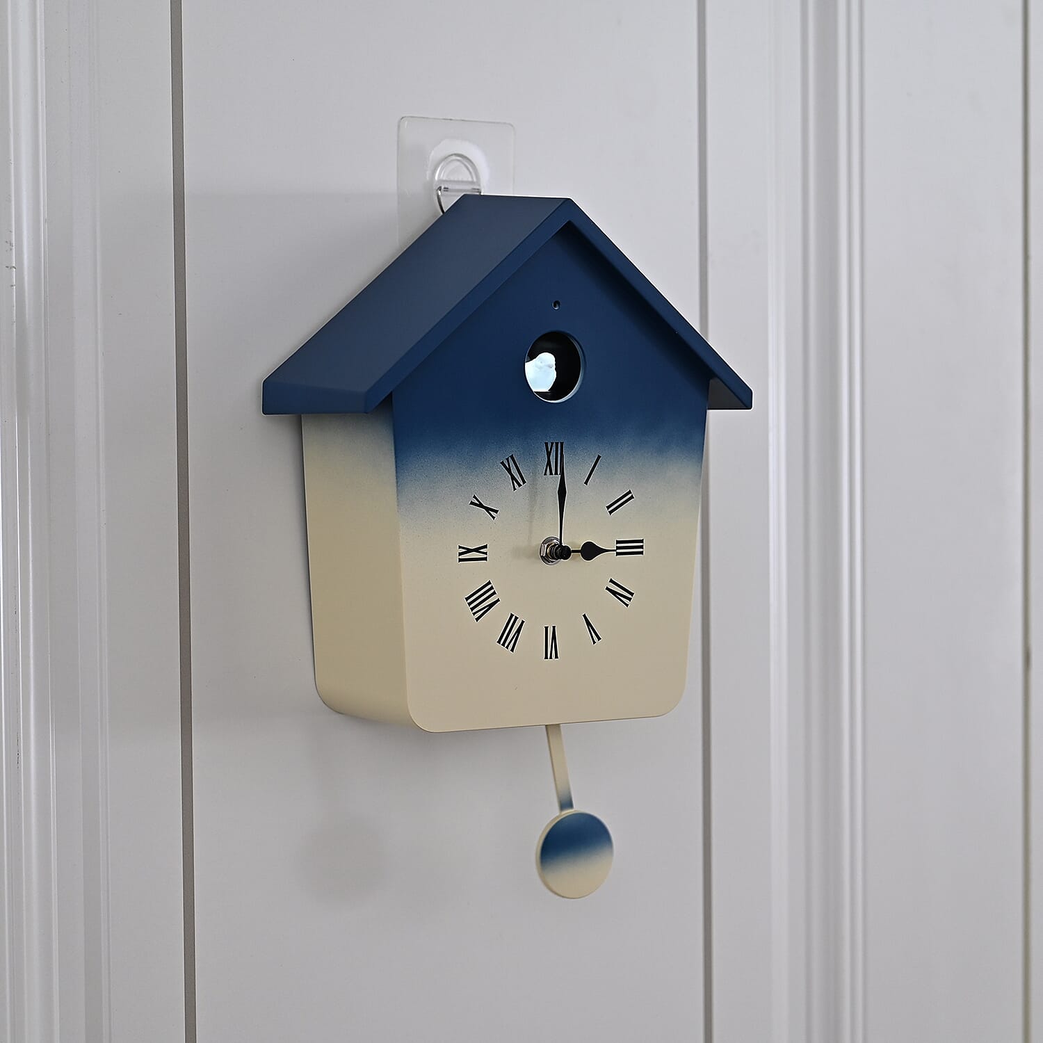 Modern Cuckoo Wall Clock with Pendulum Powered by 3 x AA Batteries (Not Incl.) - Singing Bird with Automatic Night-Time Silent Mode - Blue