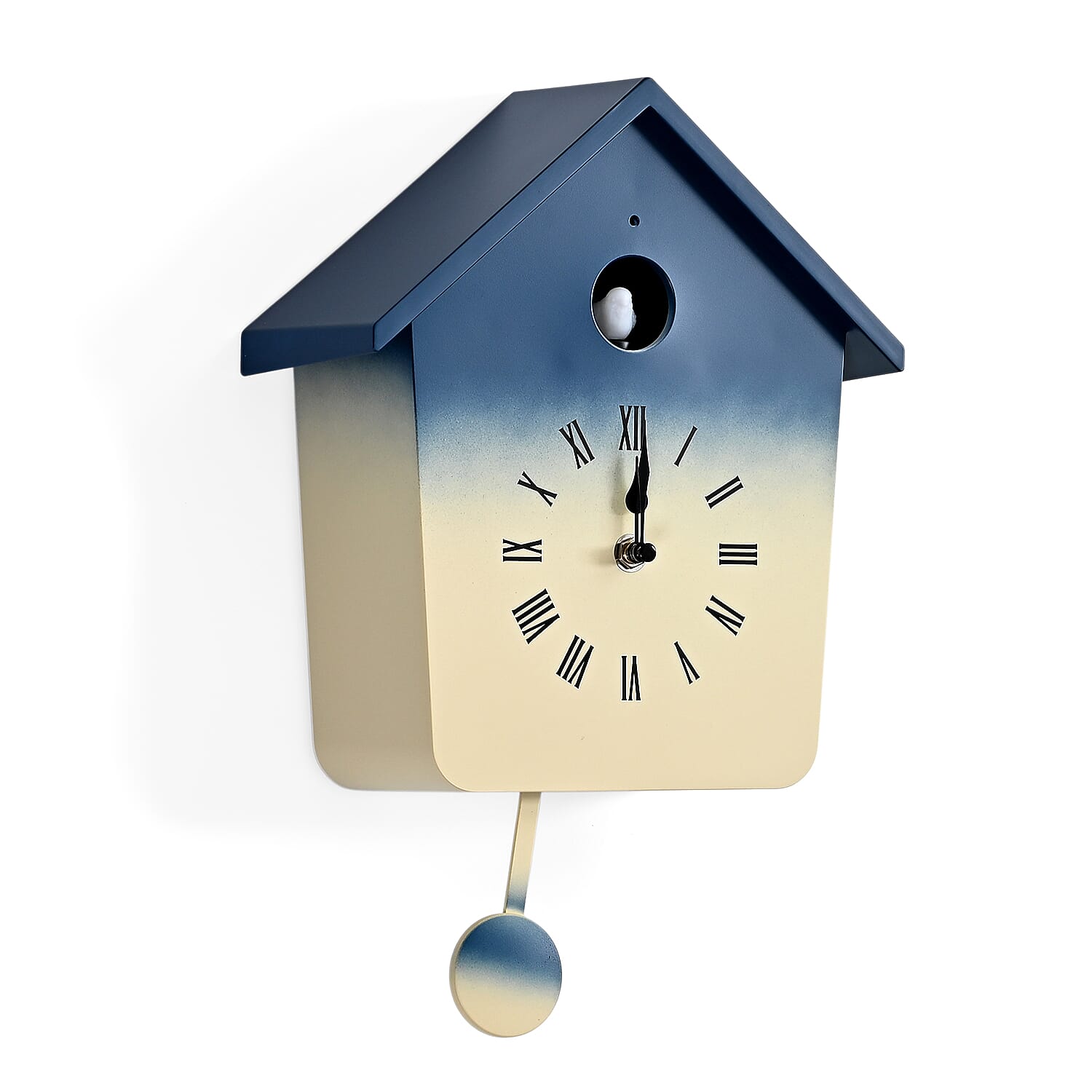 Modern Cuckoo Wall Clock with Pendulum Powered by 3 x AA Batteries (Not Incl.) - Singing Bird with Automatic Night-Time Silent Mode - Blue