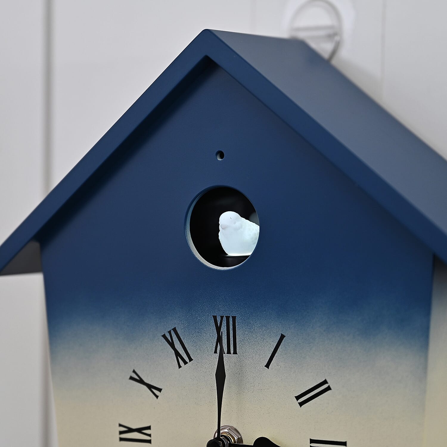 Modern Cuckoo Wall Clock with Pendulum Powered by 3 x AA Batteries (Not Incl.) - Singing Bird with Automatic Night-Time Silent Mode - Blue