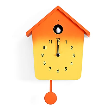 Modern Cuckoo Wall Clock with Pendulum Powered by 3 x AA Batteries (Not Incl.) - Singing Bird with Automatic Night-Time Silent Mode - Orange