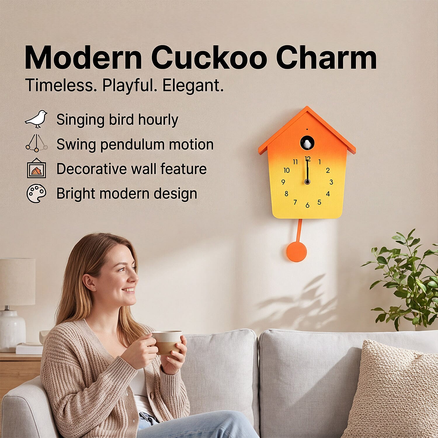 Modern Cuckoo Wall Clock with Pendulum Powered by 3 x AA Batteries (Not Incl.) - Singing Bird with Automatic Night-Time Silent Mode - Orange