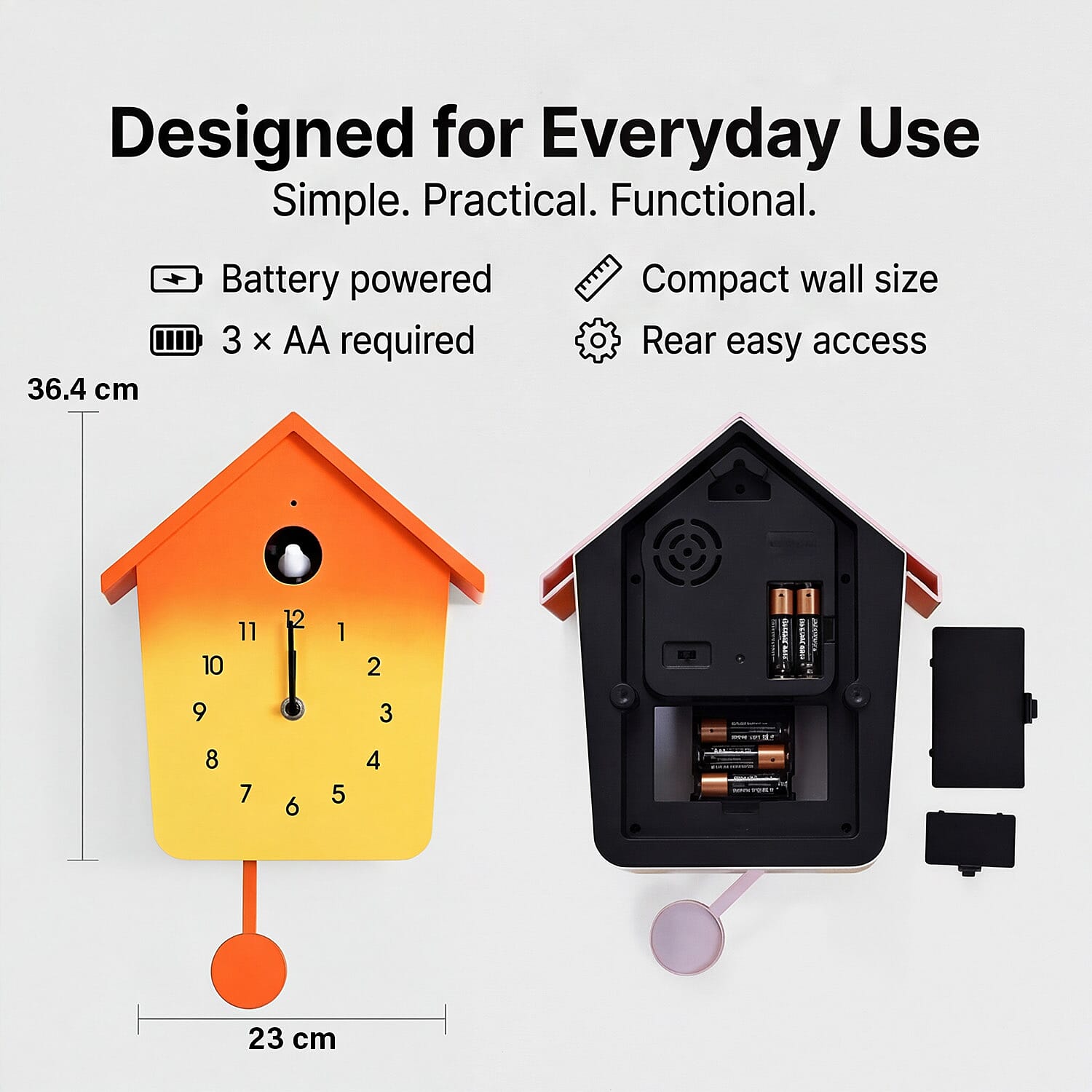 Modern Cuckoo Wall Clock with Pendulum Powered by 3 x AA Batteries (Not Incl.) - Singing Bird with Automatic Night-Time Silent Mode - Orange