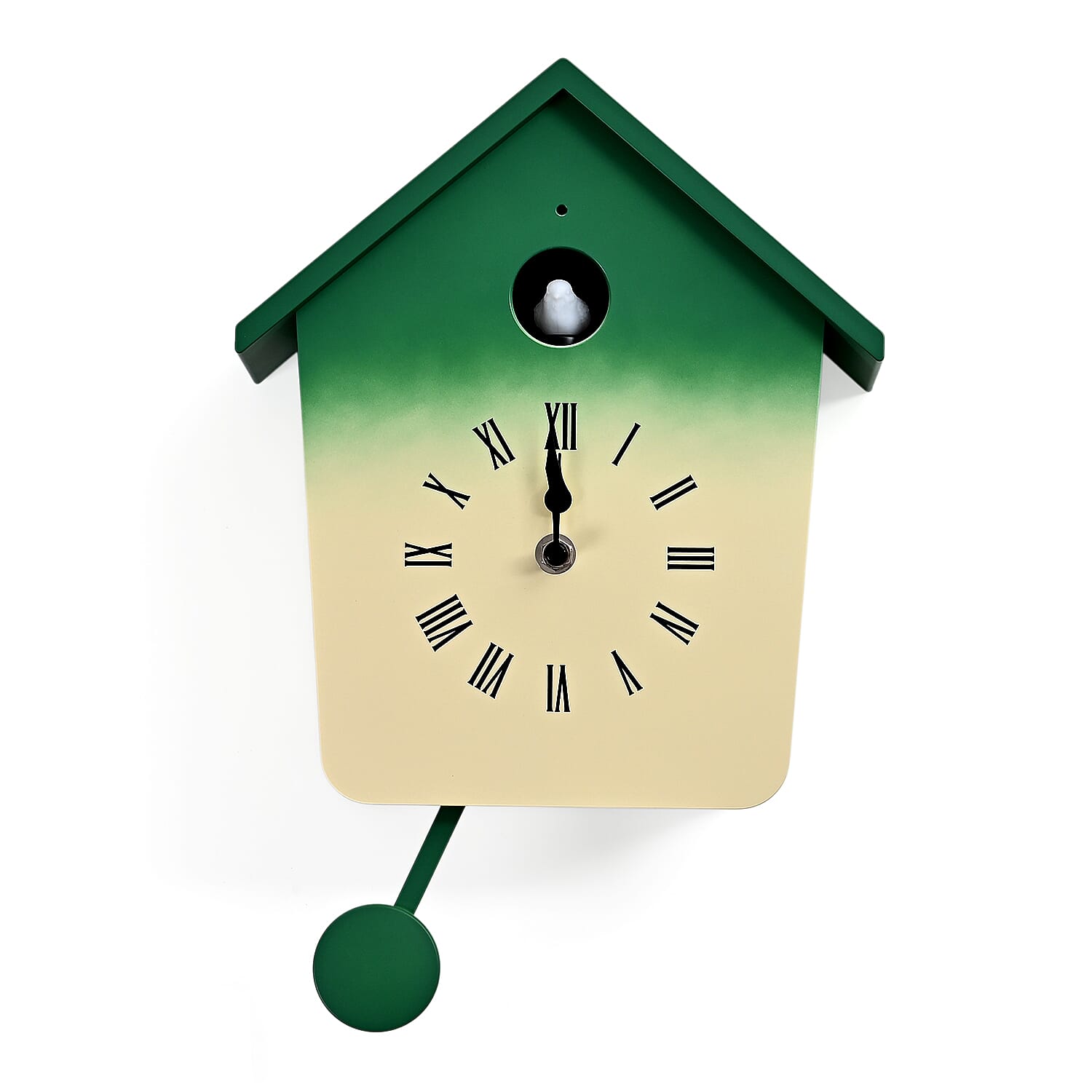 Modern Cuckoo Wall Clock with Pendulum Powered by 3 x AA Batteries (Not Incl.) - Singing Bird with Automatic Night-Time Silent Mode - Green