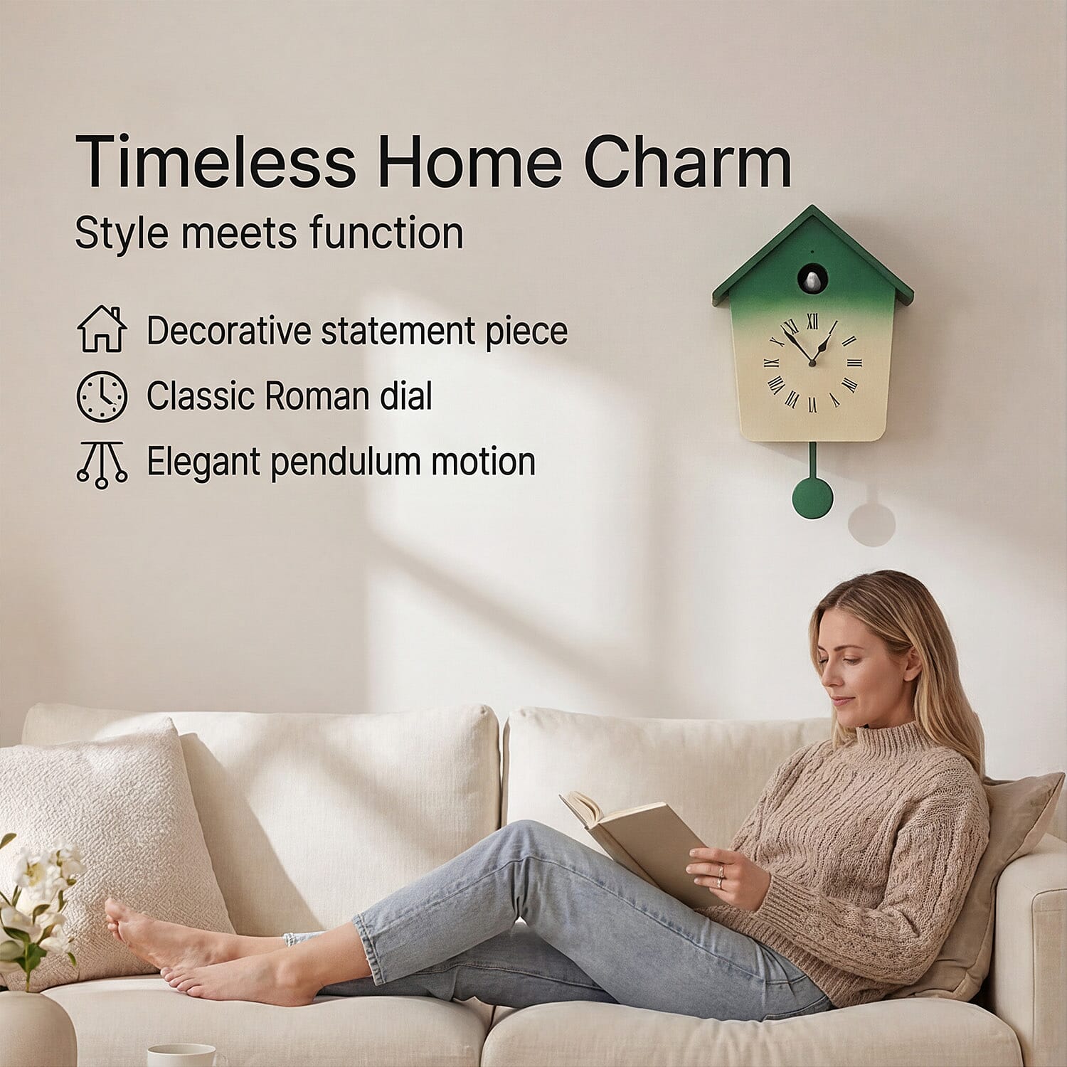 Modern Cuckoo Wall Clock with Pendulum Powered by 3 x AA Batteries (Not Incl.) - Singing Bird with Automatic Night-Time Silent Mode - Green