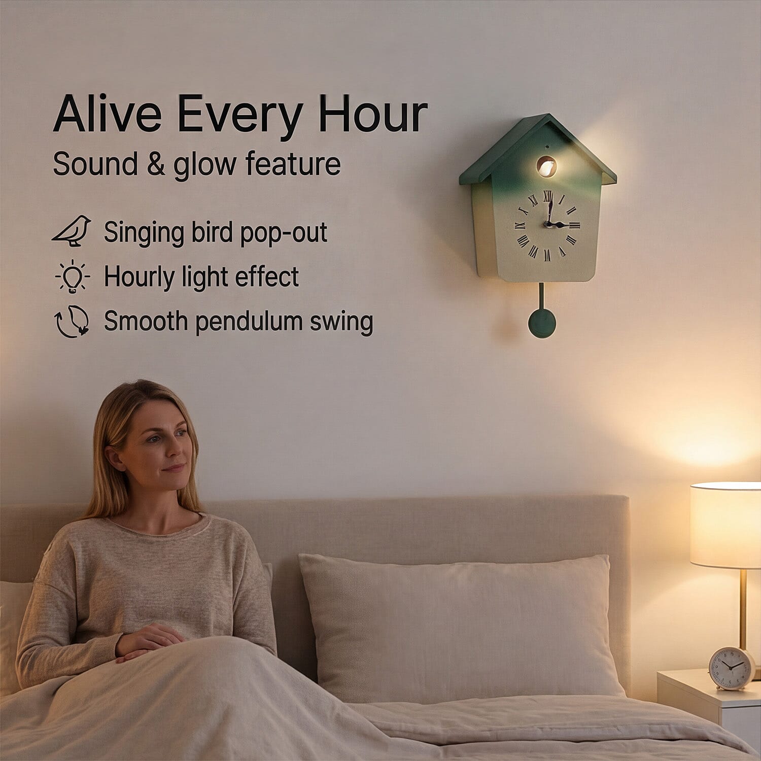 Modern Cuckoo Wall Clock with Pendulum Powered by 3 x AA Batteries (Not Incl.) - Singing Bird with Automatic Night-Time Silent Mode - Green