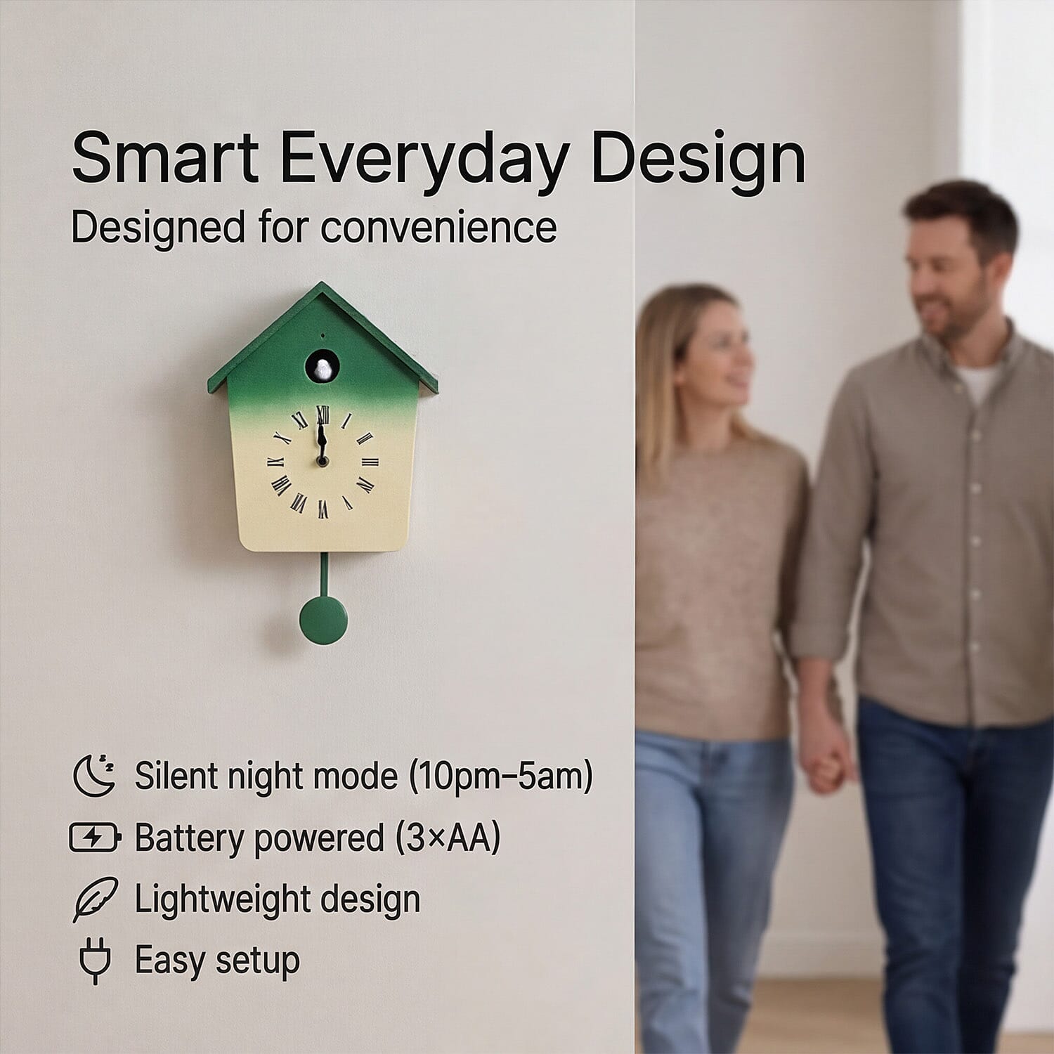 Modern Cuckoo Wall Clock with Pendulum Powered by 3 x AA Batteries (Not Incl.) - Singing Bird with Automatic Night-Time Silent Mode - Green