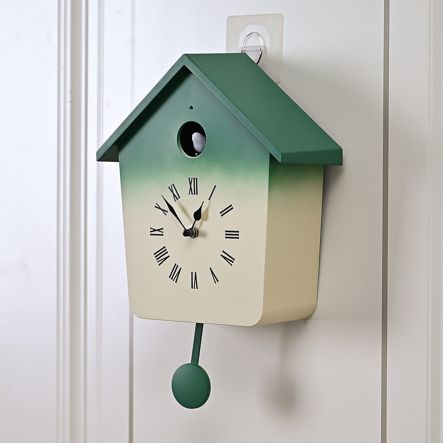 Modern Cuckoo Wall Clock with Pendulum Powered by 3 x AA Batteries (Not Incl.) - Singing Bird with Automatic Night-Time Silent Mode - Green