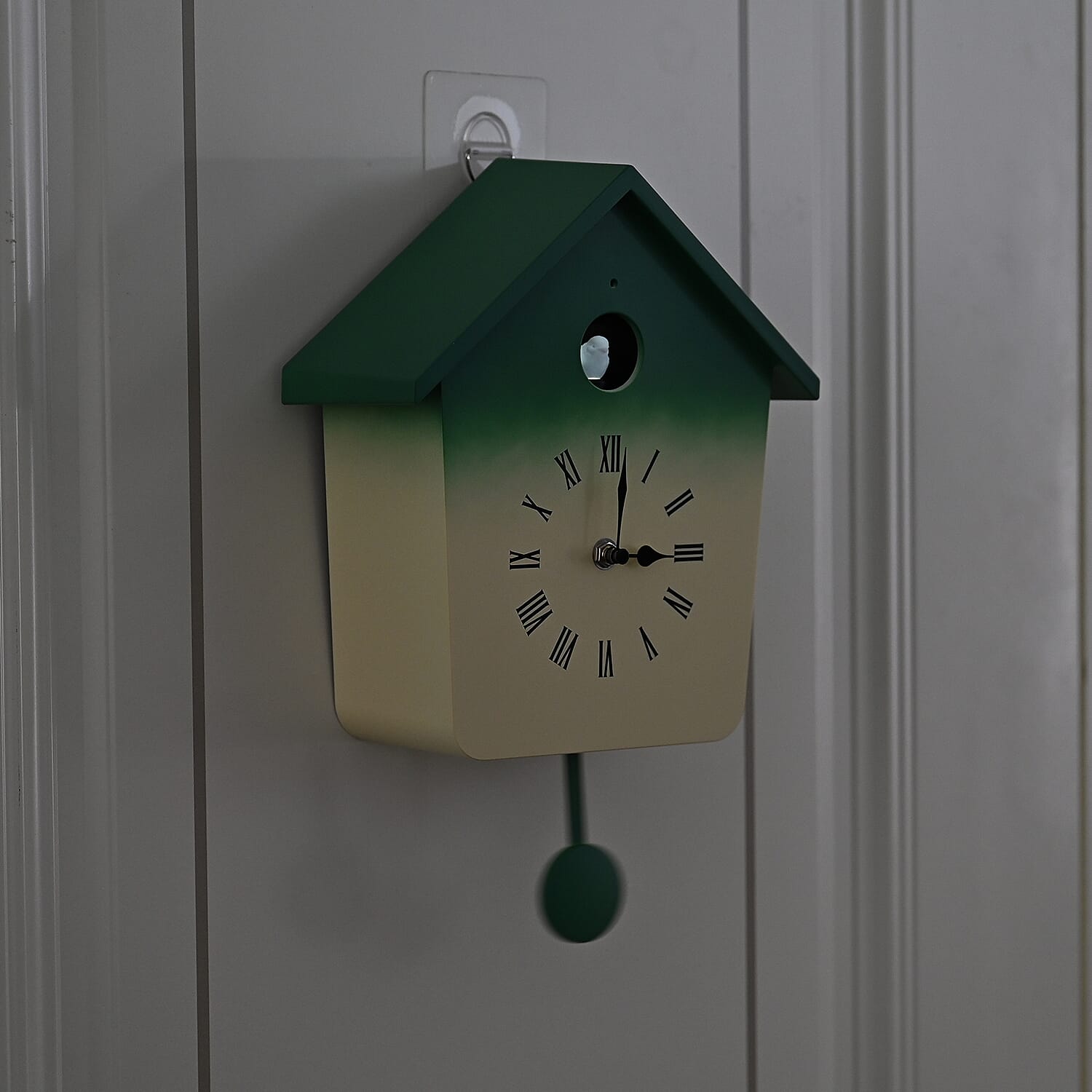 Modern Cuckoo Wall Clock with Pendulum Powered by 3 x AA Batteries (Not Incl.) - Singing Bird with Automatic Night-Time Silent Mode - Green
