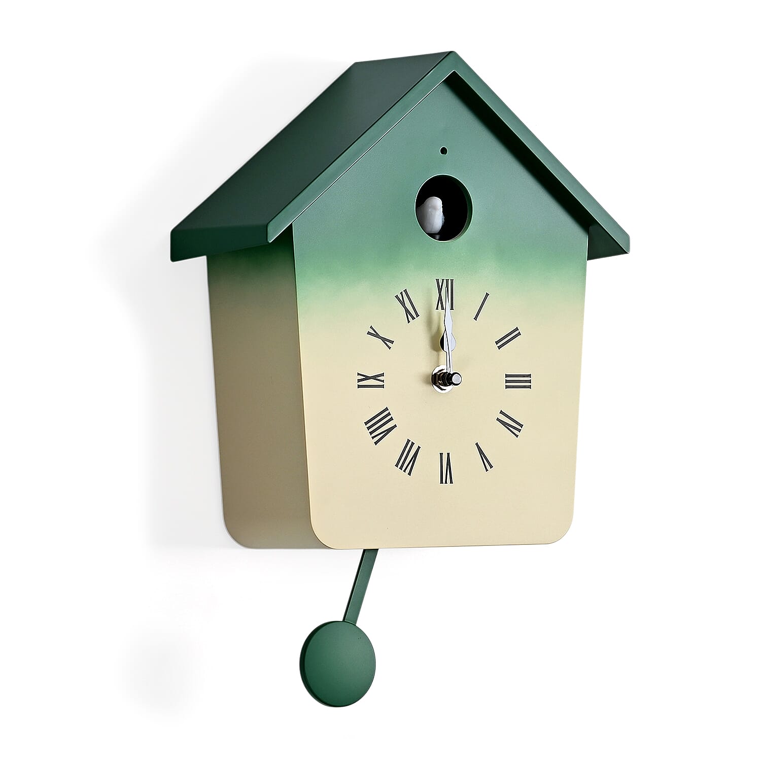 Modern Cuckoo Wall Clock with Pendulum Powered by 3 x AA Batteries (Not Incl.) - Singing Bird with Automatic Night-Time Silent Mode - Green
