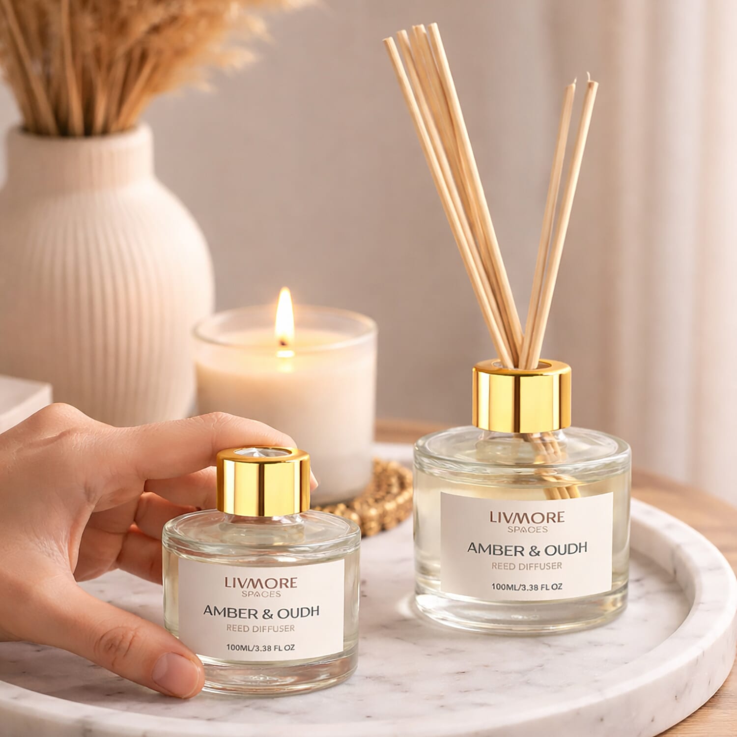 Livmore Set of 2 Amber & Oudh Reed Diffuser with 4 Natural Reed Sticks - 100ml