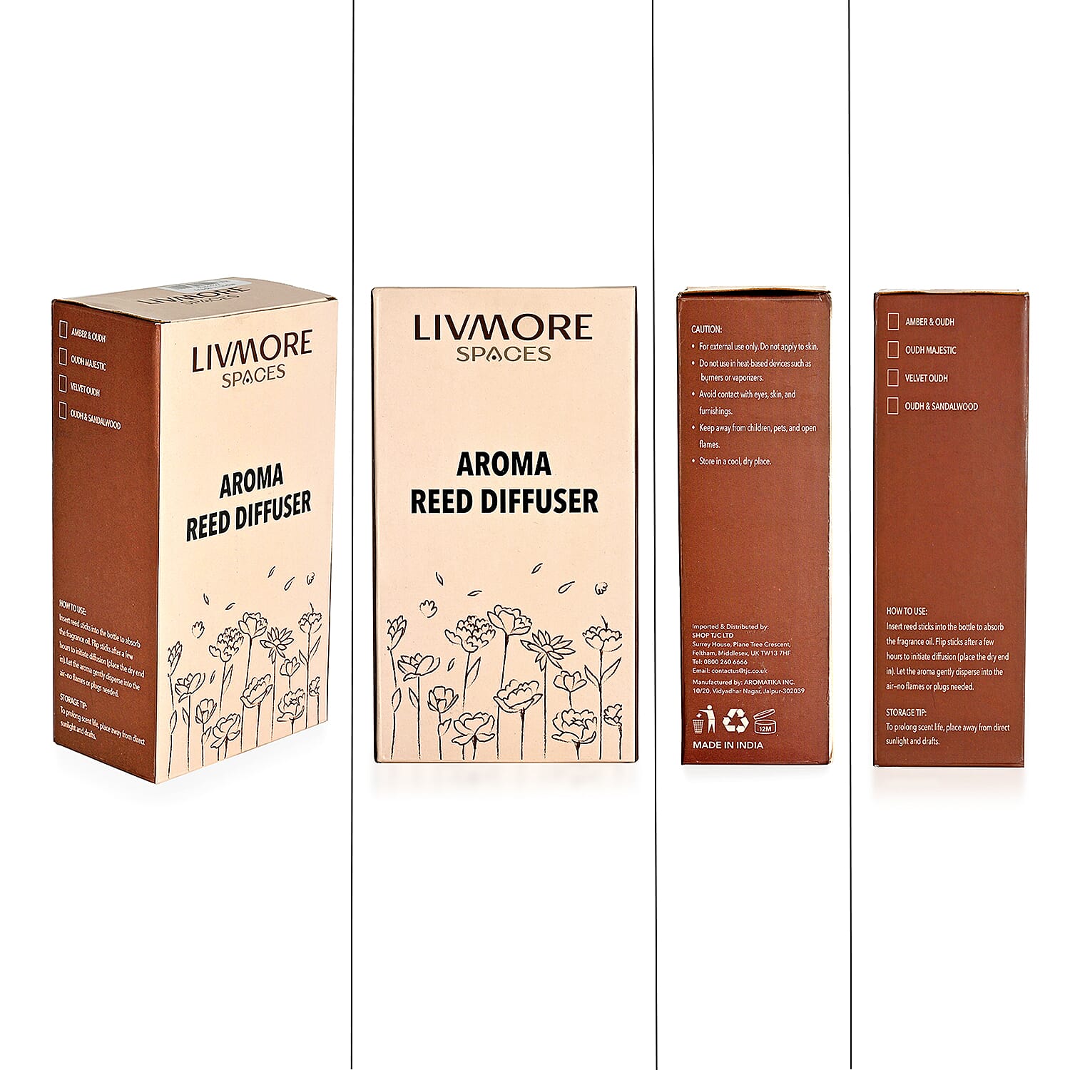 Livmore Set of 2 Amber & Oudh Reed Diffuser with 4 Natural Reed Sticks - 100ml